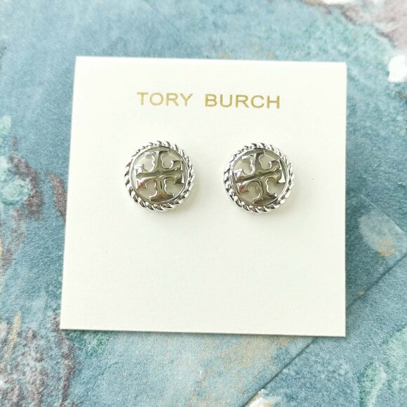 Tory Burch Rope Logo Silver Stud Earrings 136618 New w/dust bag - Picture 1 of 3